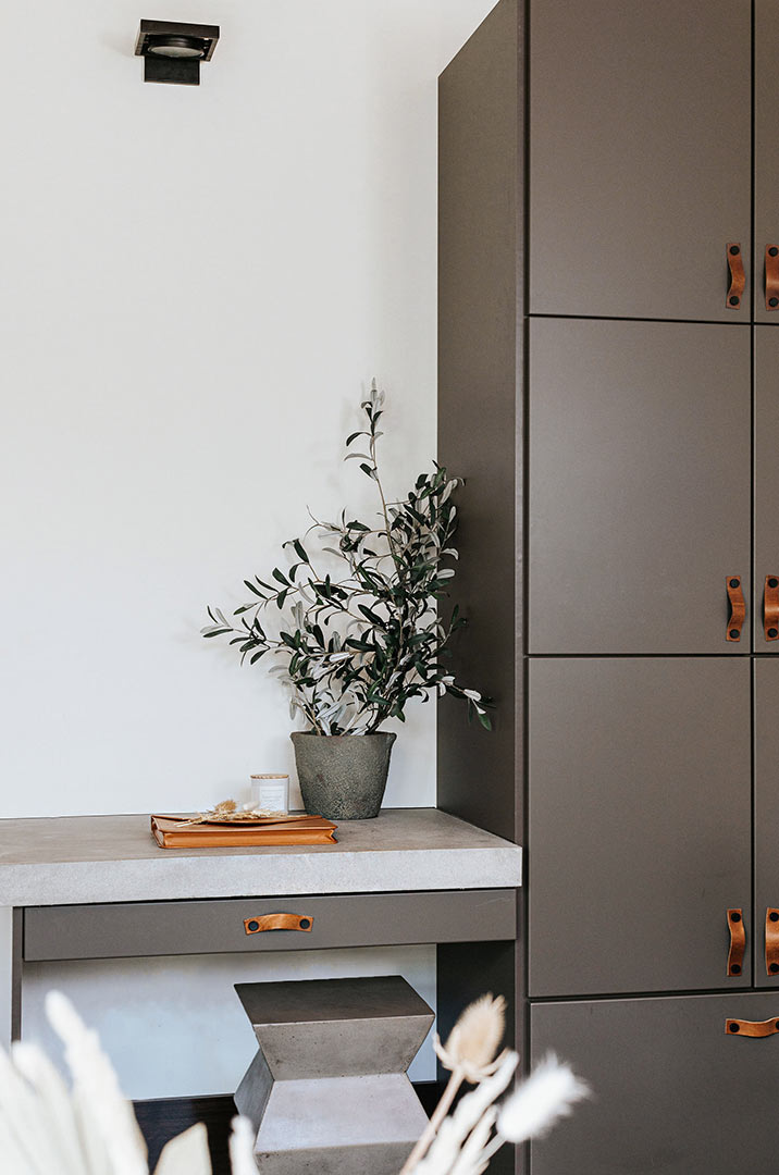 Small Modern Home Office with Grey Cabinets, Tan Leather Pulls and Concrete Countertops