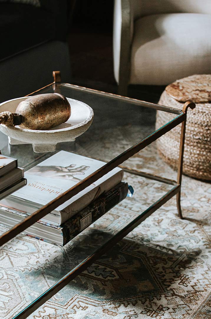 Glass antique looking coffee table styled by Jenny Murphy of J.Reiko Design + Co.