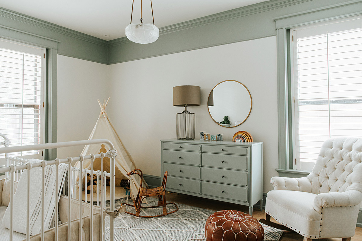 Kid's bedroom design by J. Reiko Design + Co. neutral tones, natural fabrics with soft green accents.