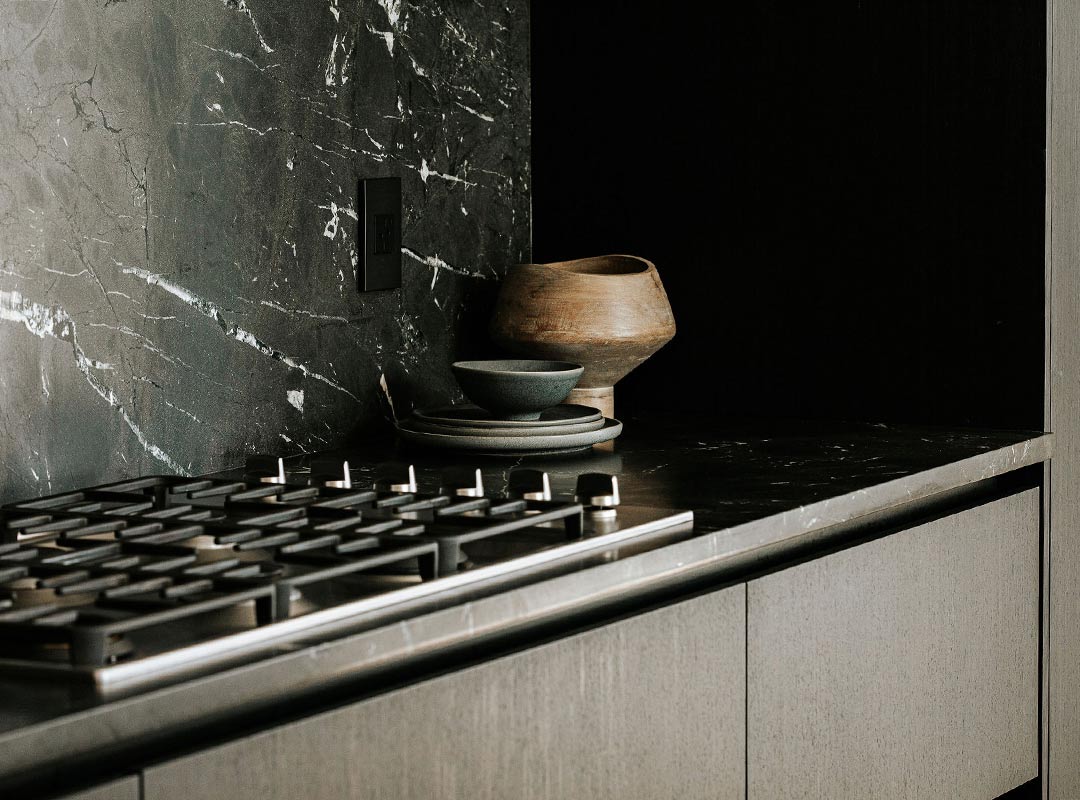 Detailed shot of interior styling of this japandi new build counter in a modern kitchen in Denver Colorado. 
