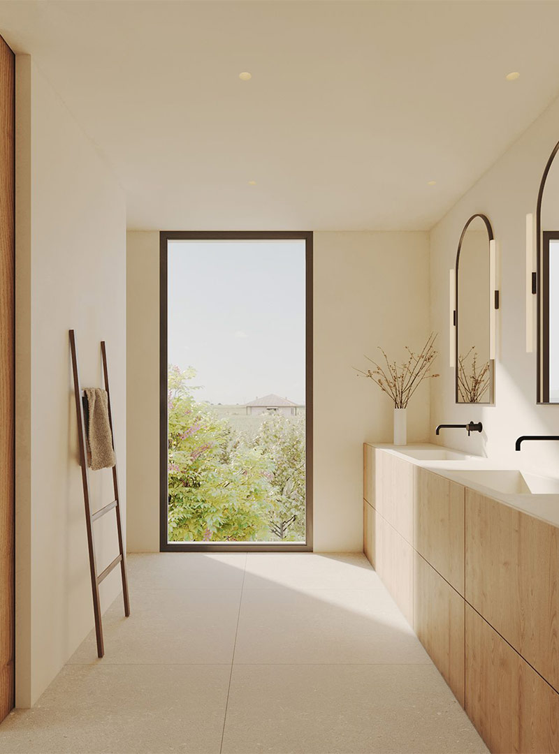 Japandi bathroom with double vanities designed by MA and Partners