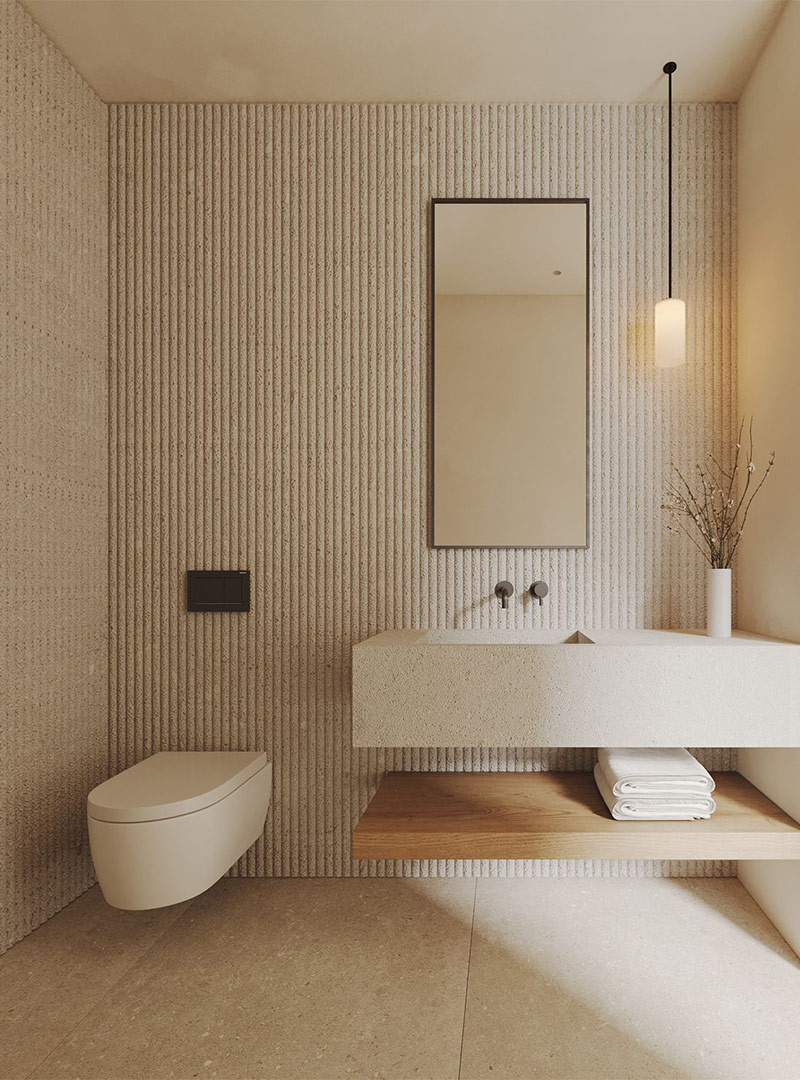Japandi bathroom trend and all neutral textured minimalist bathroom design by MA and Partners