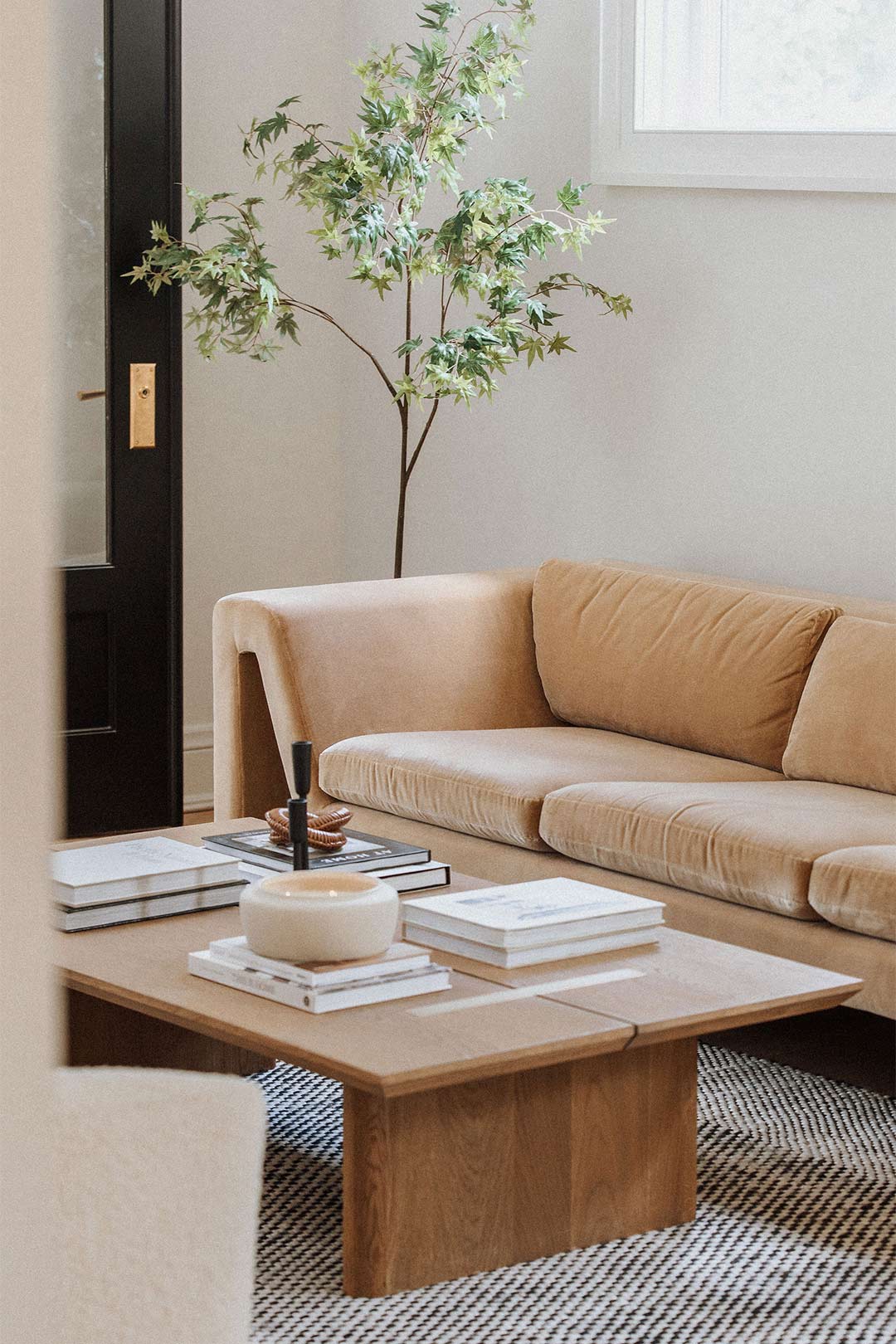 Neutral tone organic modern sofa in a transitional designed living room by J. Reiko Design + Co