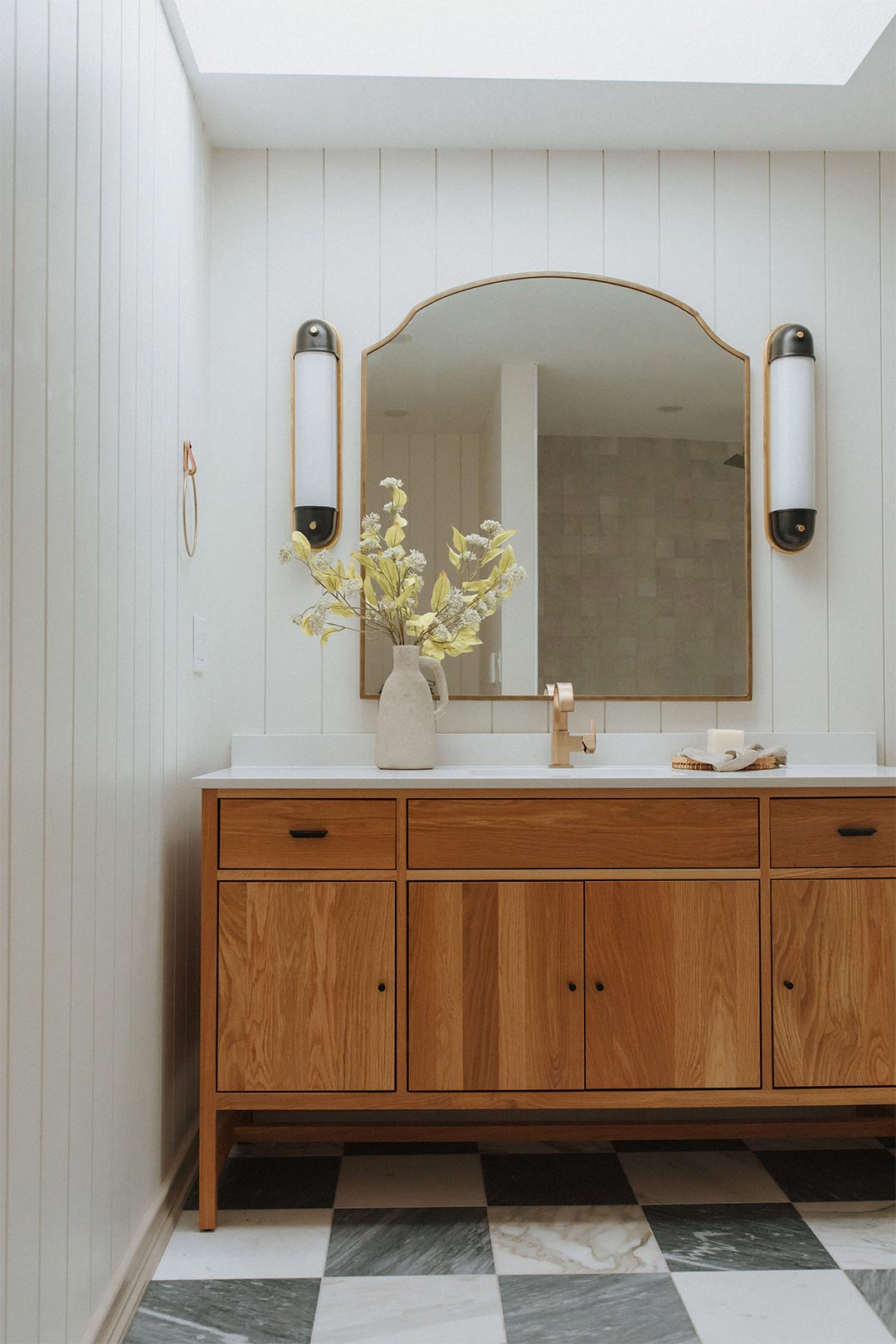 Modern Farmhouse bathroom with Vertical Shiplap Paneling an oak vanity and Marble Checkerboard Floor Tile - Bardiglio Marble and Bianco Carrara Marble 12x12 custom flooring
