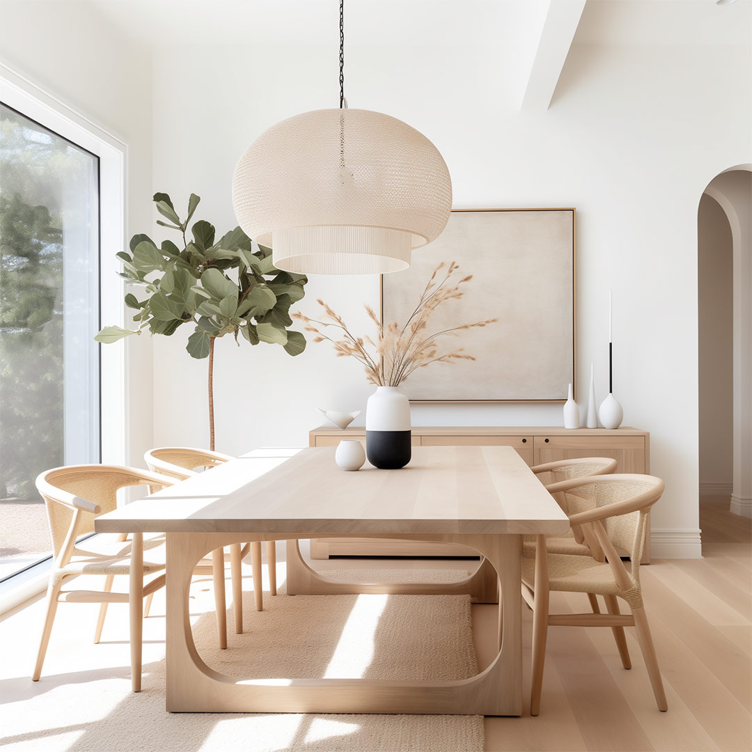 An AI design of a Japandi dining room created by Jennifer Murphy of J. Reiko Design + Co.