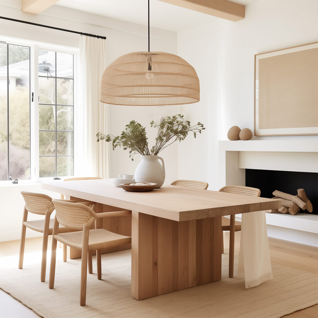 An AI design of a Japandi dining room created by Jennifer Murphy of J. Reiko Design + Co