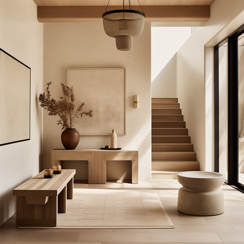 An AI design of a Japandi entryway with bench created by Jennifer Murphy of J. Reiko Design + Co