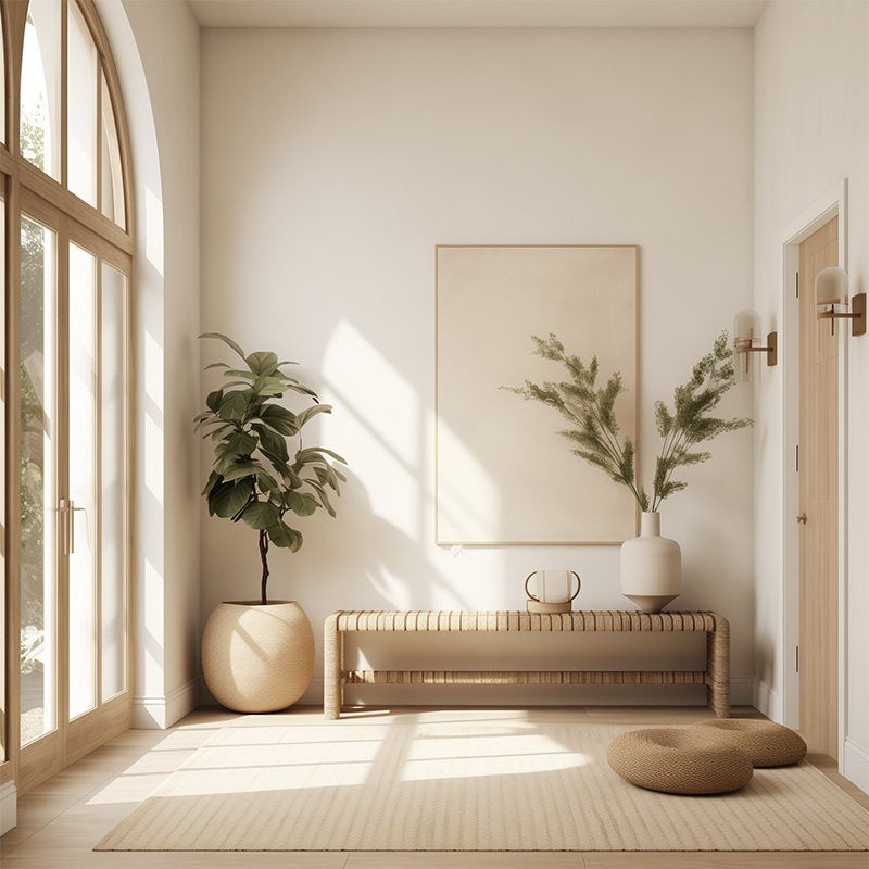 An AI design by J. Reiko Design + Co of a bright and airy Japandi style entryway with a natural wood bench and neutral color palette