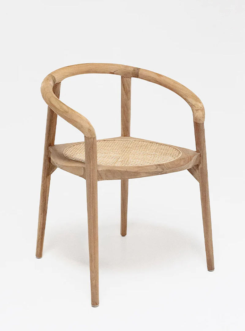 The Adalyn Dining Chair from MyCuraHome.com a natural teakwood chair with soft organic curves fitting of the Japandi Style