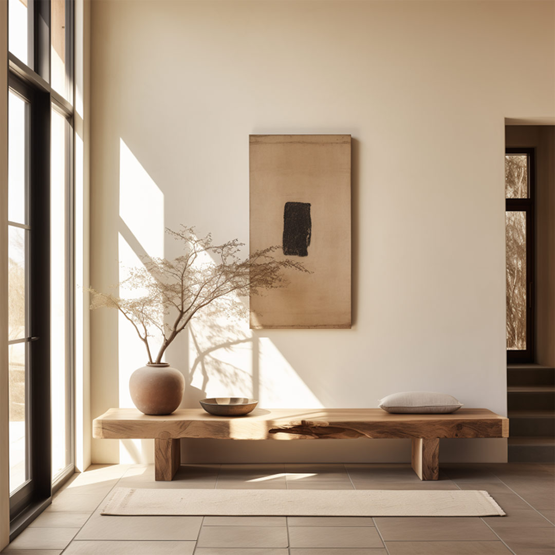 An AI design of a Japandi entryway with bench created by Jennifer Murphy of J. Reiko Design + Co