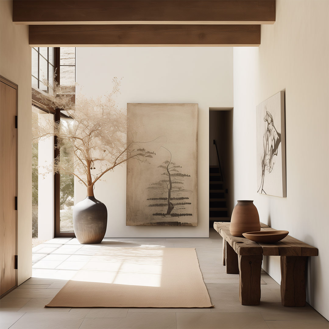 An AI design by J. Reiko Design + Co of a Japandi entryway with a natural wood bench and a natural fiber rug with all neutral tones.