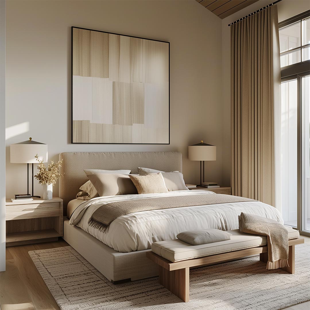 A queit luxury bedroom design with warm minimalism and natural materials