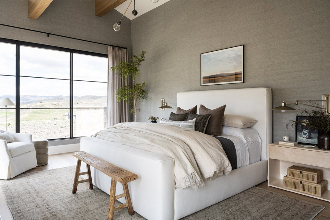 A cozy bedroom with neutral tones inspired by Studio McGee, Netflix - an AI design by J. Reiko Design + Co