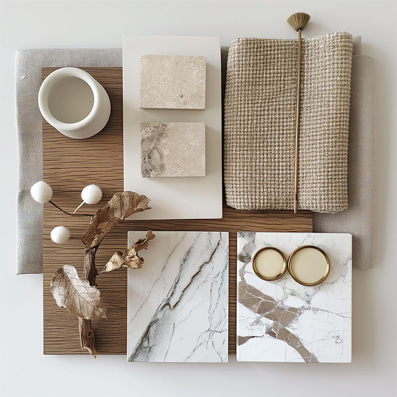 An AI mood board design by J. Reiko Design + Co of example materials used in quiet luxury interior design.