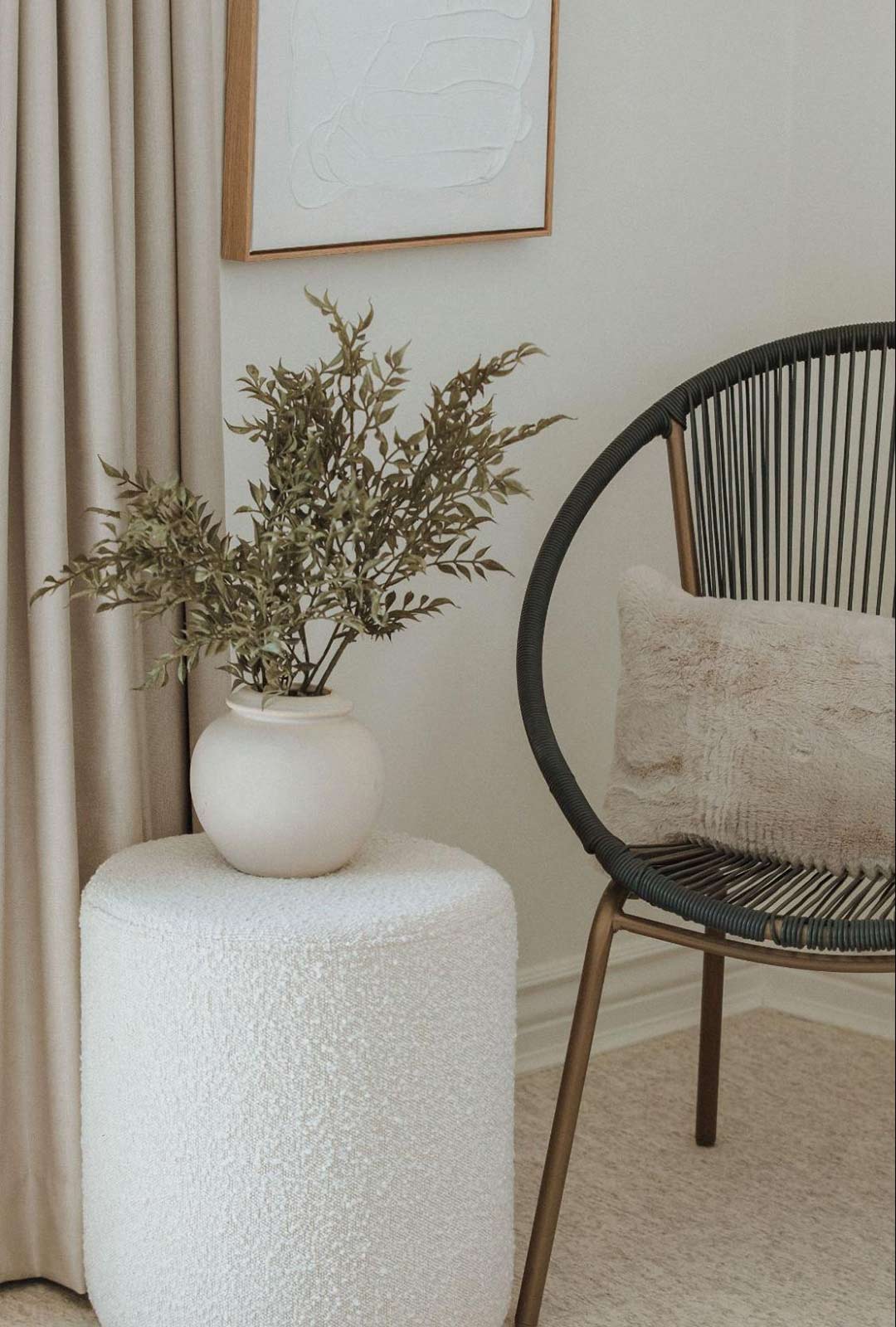 J. Reiko Design + Colonial Revival - 16 Primary bedroom's styling of the corner nook with organic-modern transitional furniture and styling by J. Reiko Design + Co