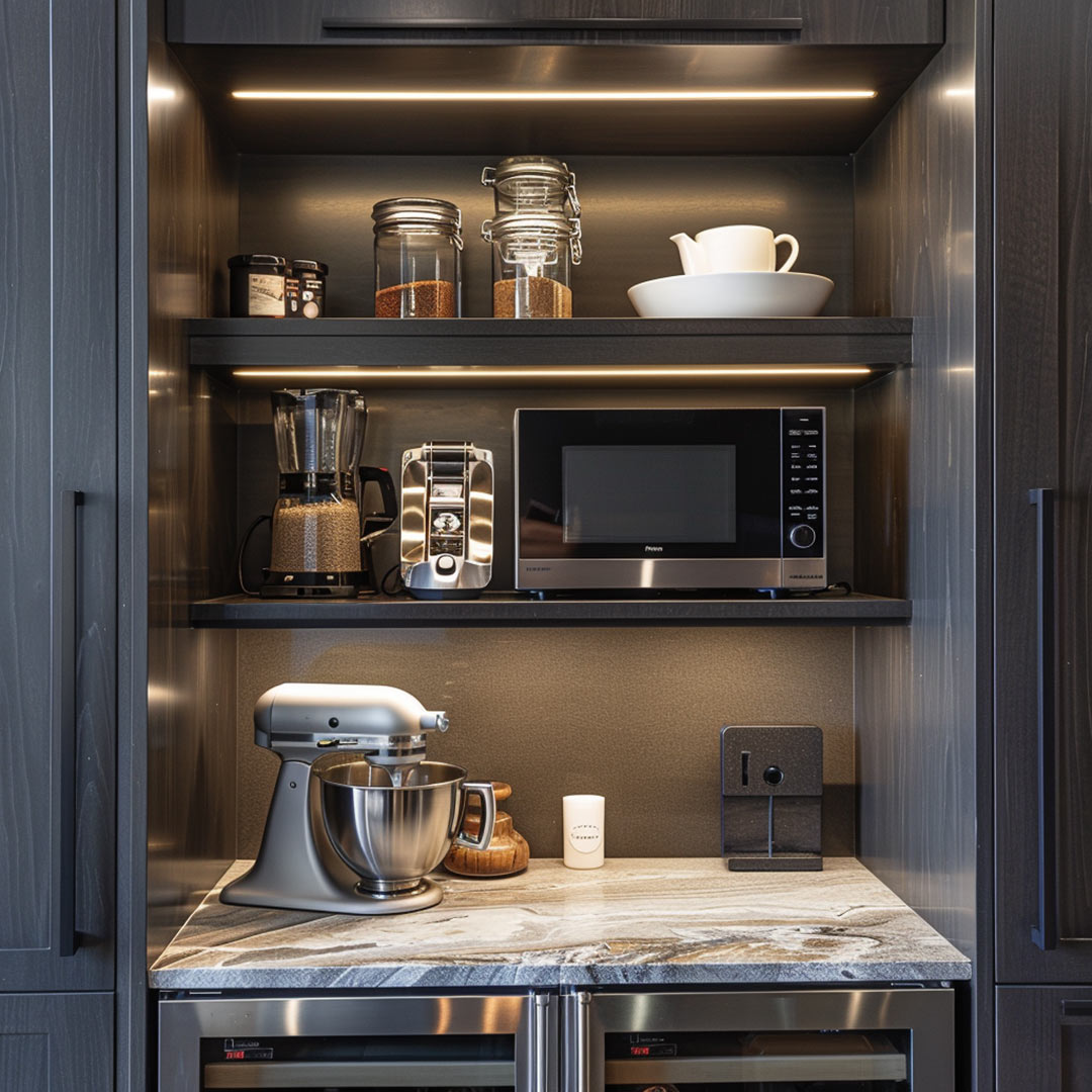 J. Reiko-Design + Co. - Working Pantry - 9 An appliance pantry with marble countertops and a dedicated area for small appliances to keep countertops clear of clutter - an AI design by J. Reiko Design + Co