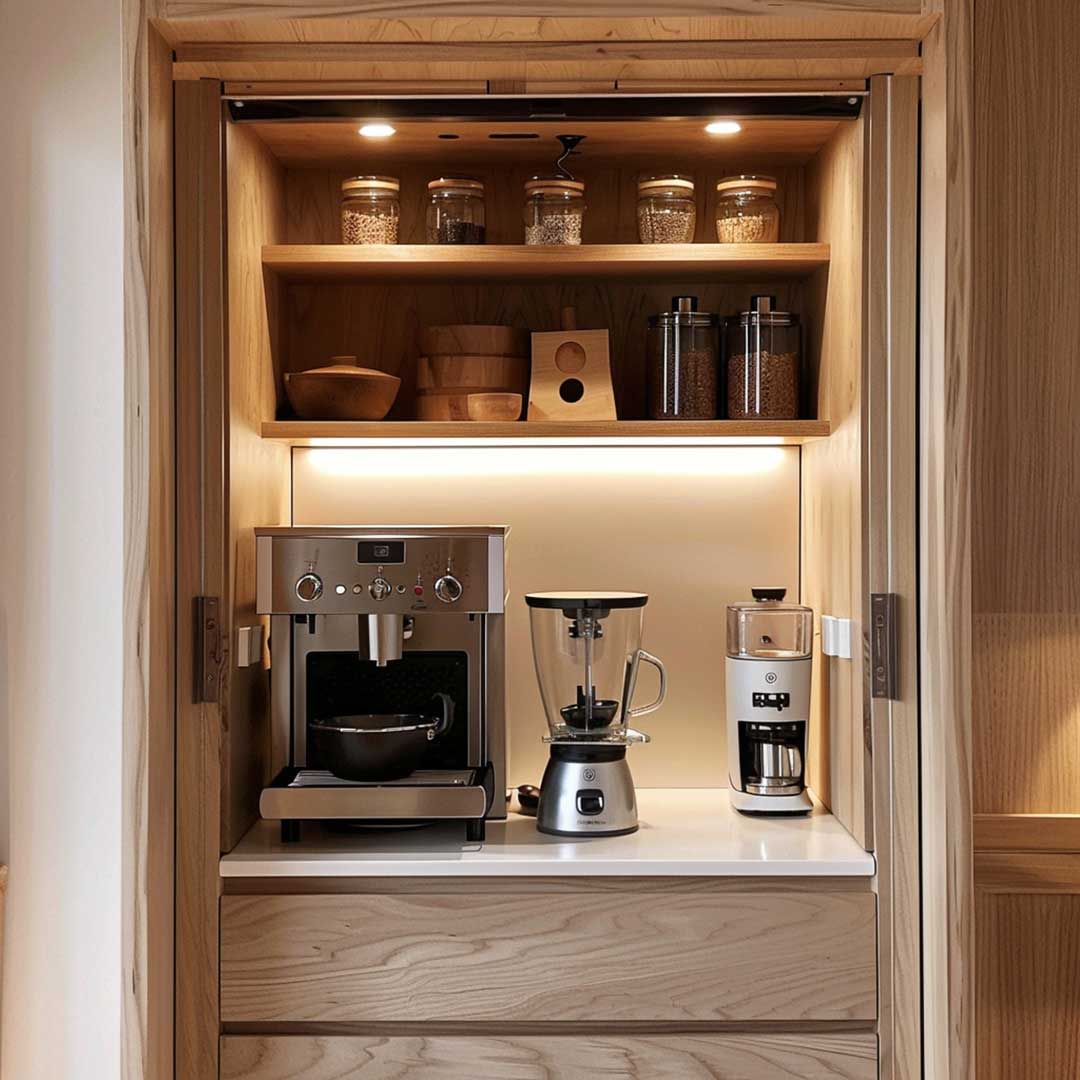 J. Reiko-Design + Co. - Working Pantry - 04 A compact working pantry with a recessed design to hold everything, with a pull-out shelf for the coffee maker - an AI design by J. Reiko Design + Co