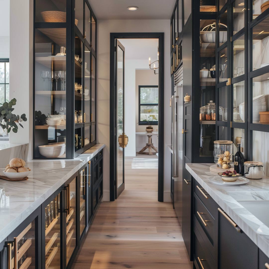 J. Reiko-Design + Co. - Working Pantry - 7 A walk-through pantry with glass front cabinets and marble countertops with an immense amount of storage - an AI design by J. Reiko Design + Co