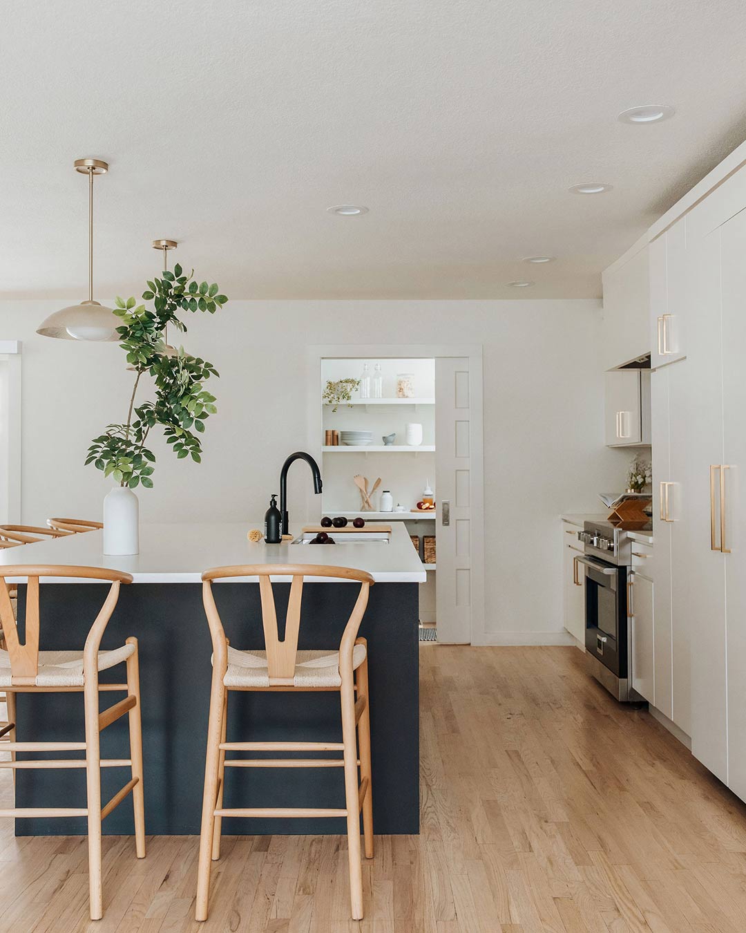 J. Reiko-Design + Co. - Working Pantry - 8 A bright and airy kitchen design by J. Reiko Design + Co with a walk in pantry shown with the pocket door slid slightly open.