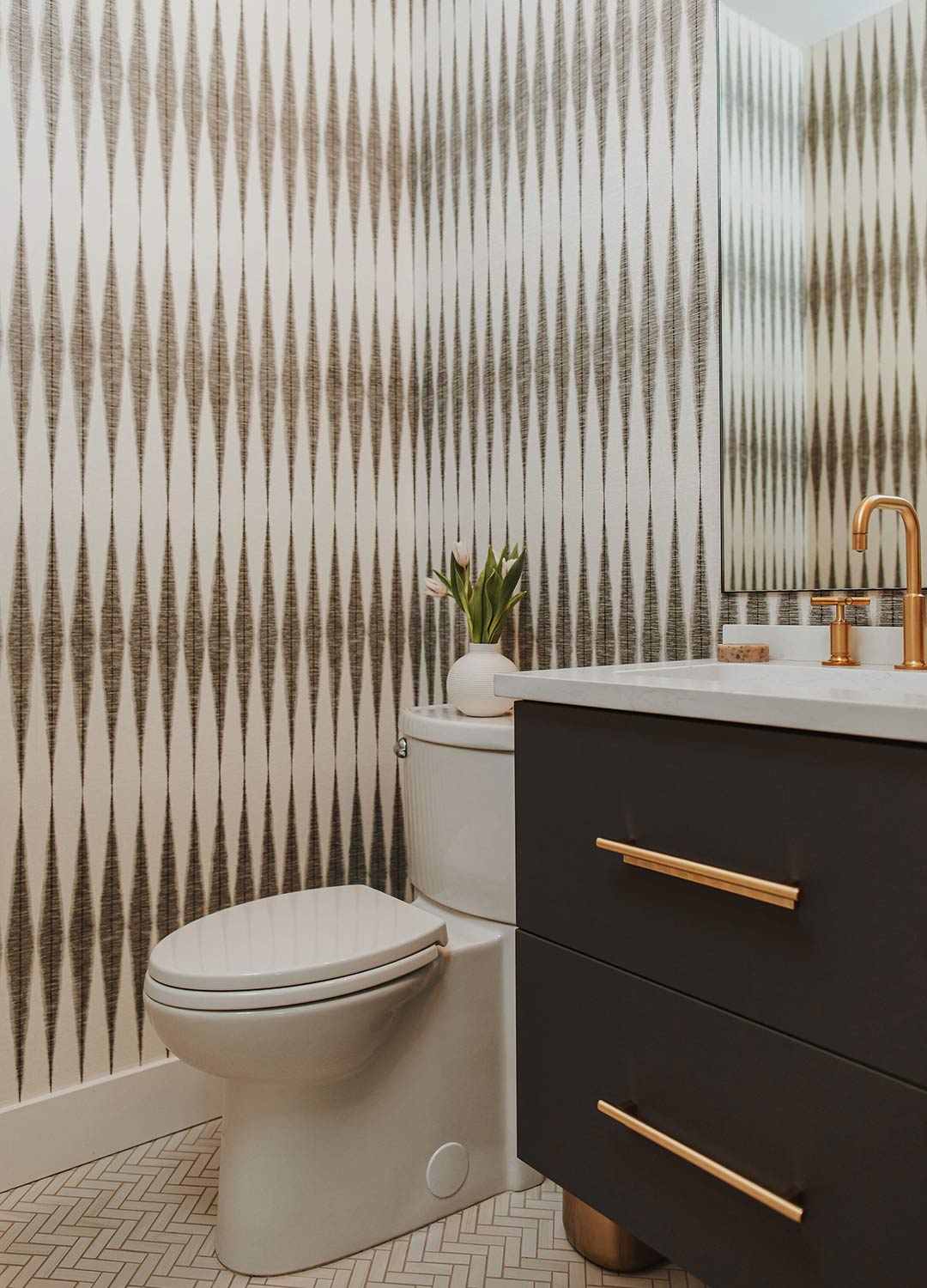 Powder bathroom 'after' image - J. Reiko Design + Co - Hudson Street Project - before and after of a modern classic interior design project