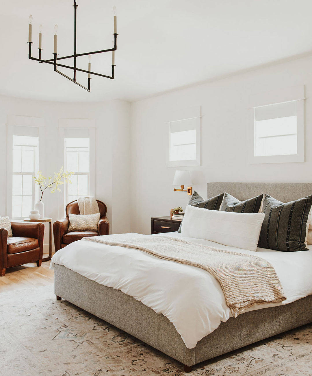 Primary bedroom 'after' image - J. Reiko Design + Co - Hudson Street Project - before and after of a modern classic interior design project