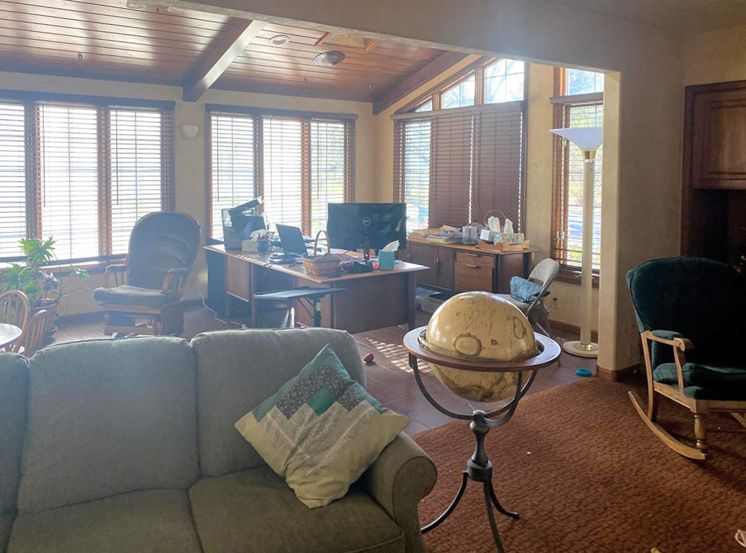 Living room 'before' image - J. Reiko Design + Co - Plateau Court Project - before and after of a rural mid-century modern remodel for indoor outdoor living