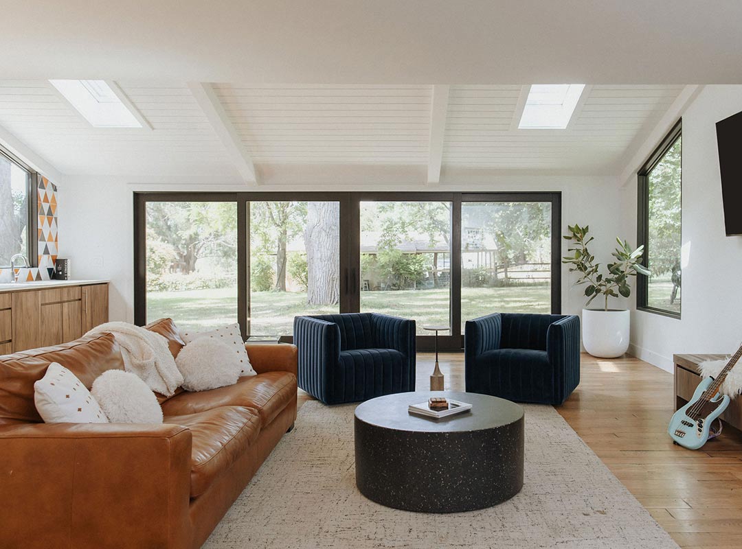 Living room view 2 'after' image - J. Reiko Design + Co - Plateau Court Project - before and after of a rural mid-century modern remodel for indoor outdoor living