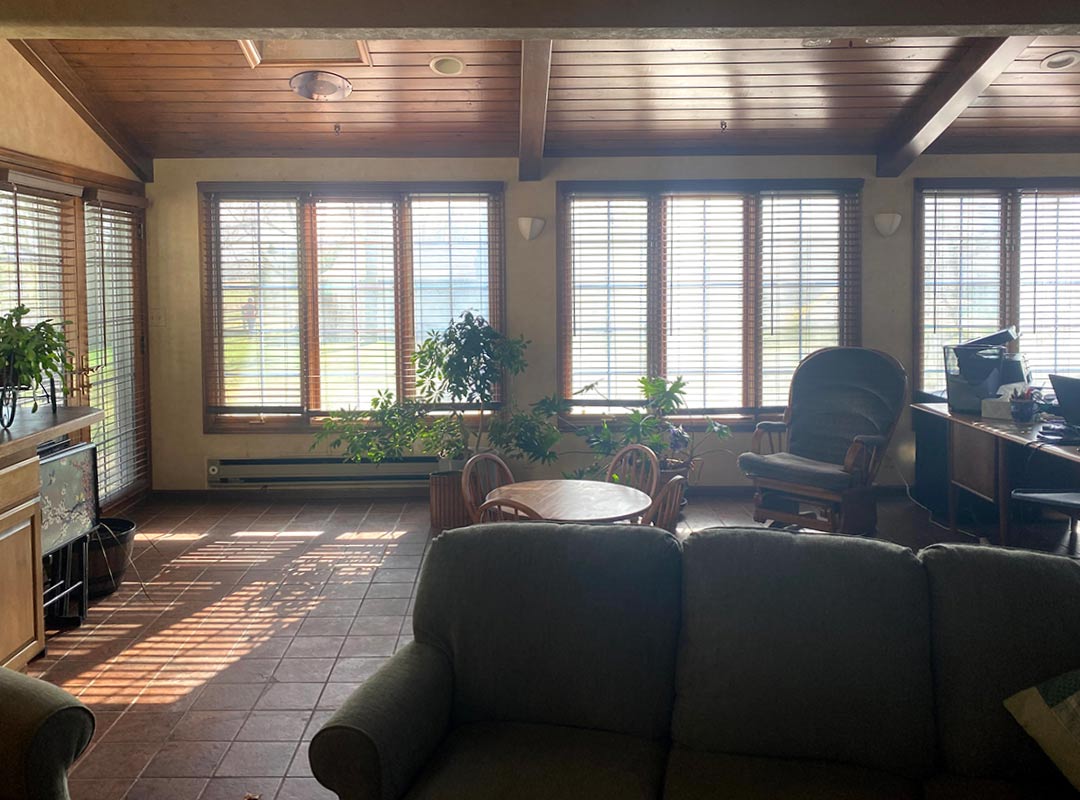 Living room view 2 'before' image - J. Reiko Design + Co - Plateau Court Project - before and after of a rural mid-century modern remodel for indoor outdoor living