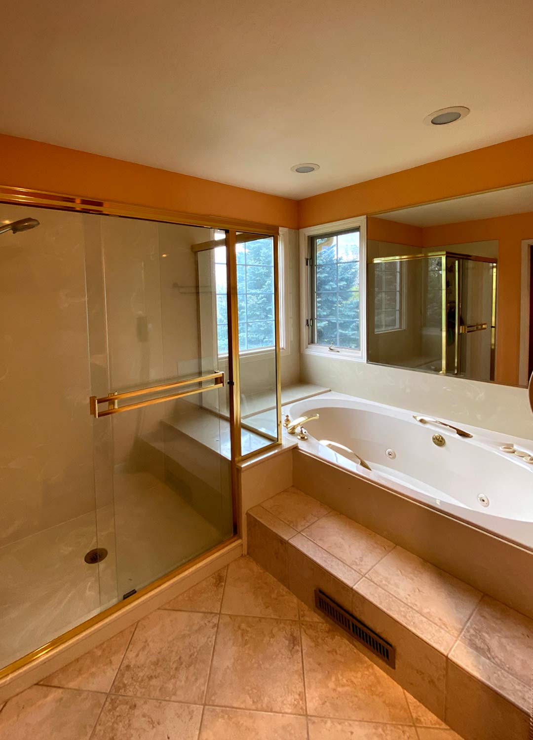 Primary bathroom 'before' image - J. Reiko Design + Co - Plateau Court Project - before and after of a rural mid-century modern remodel for indoor outdoor living