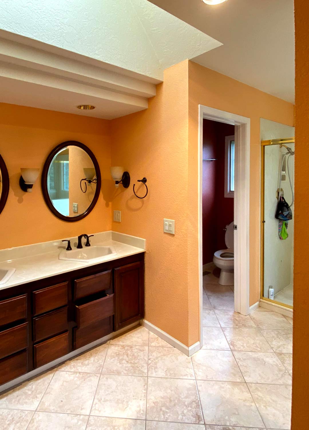 Primary bathroom 'before' image - J. Reiko Design + Co - Plateau Court Project - before and after of a rural mid-century modern remodel for indoor outdoor living