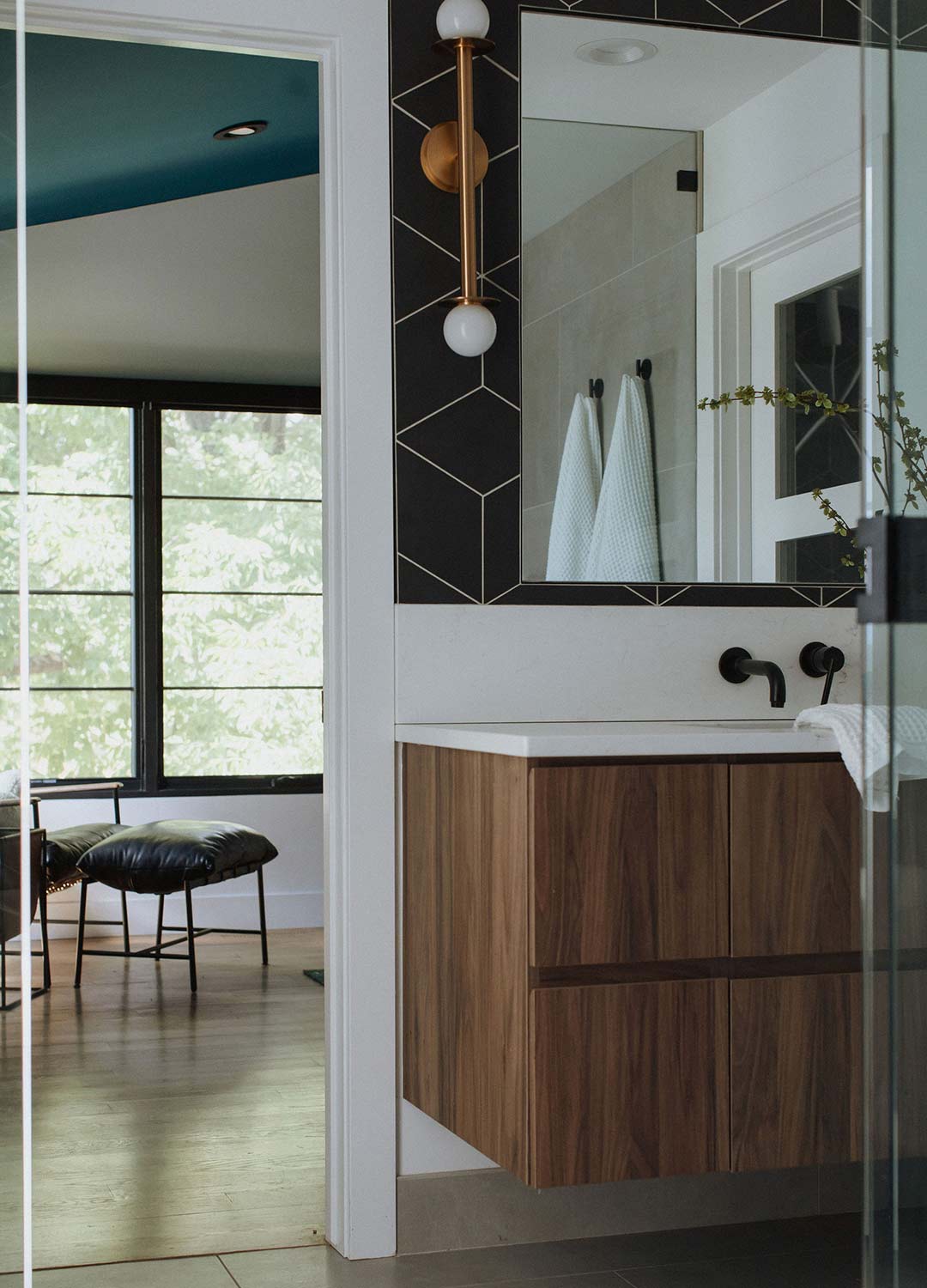 Primary bedroom / bathroom 'after' image - J. Reiko Design + Co - Plateau Court Project - before and after of a rural mid-century modern remodel for indoor outdoor living