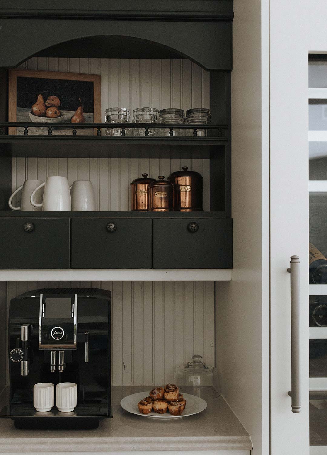 Coffee station 'after' image - J. Reiko Design + Co - Three Eagles Drive Project - before and after of a rustic and traditional mediterranean-inspired home in Fort Collins, Colorado