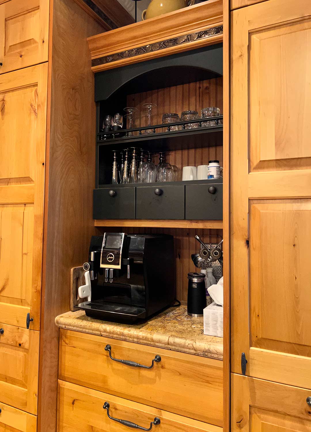 Coffee station 'before' image - J. Reiko Design + Co - Three Eagles Drive Project - before and after of a rustic and traditional mediterranean-inspired home in Fort Collins, Colorado