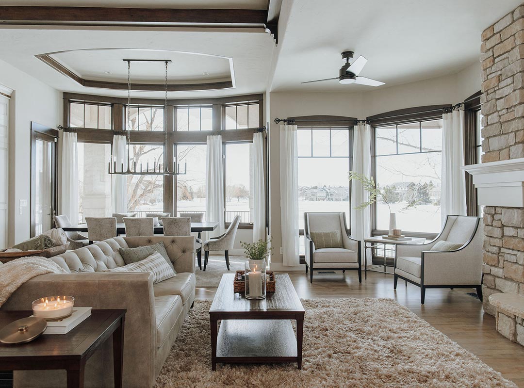 Dining room & living room 'after' image - J. Reiko Design + Co - Three Eagles Drive Project - before and after of a rustic and traditional mediterranean-inspired home in Fort Collins, Colorado