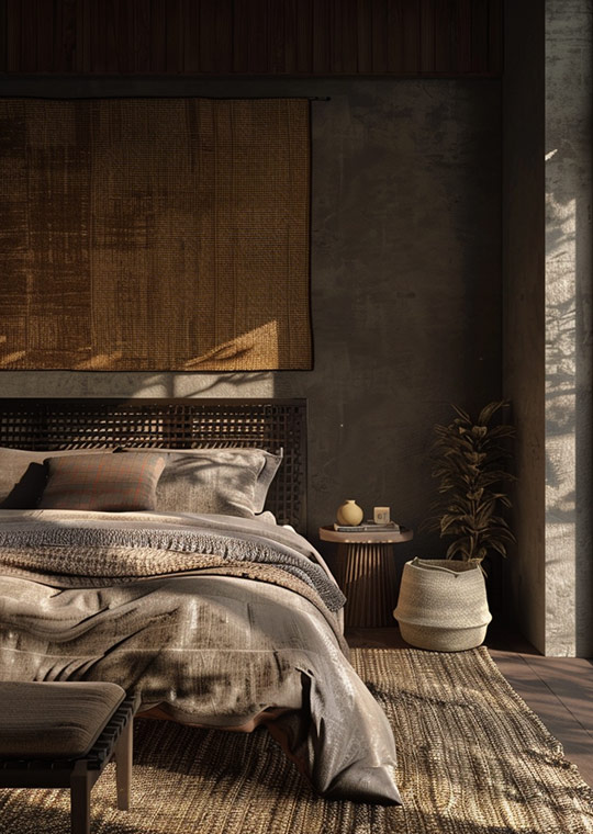 J. Reiko Design + Co. - Japandi Bedrooms - 11 Warm Japandi bedroom featuring woven headboard detail, layered textiles, and soft natural light across textured surfaces.