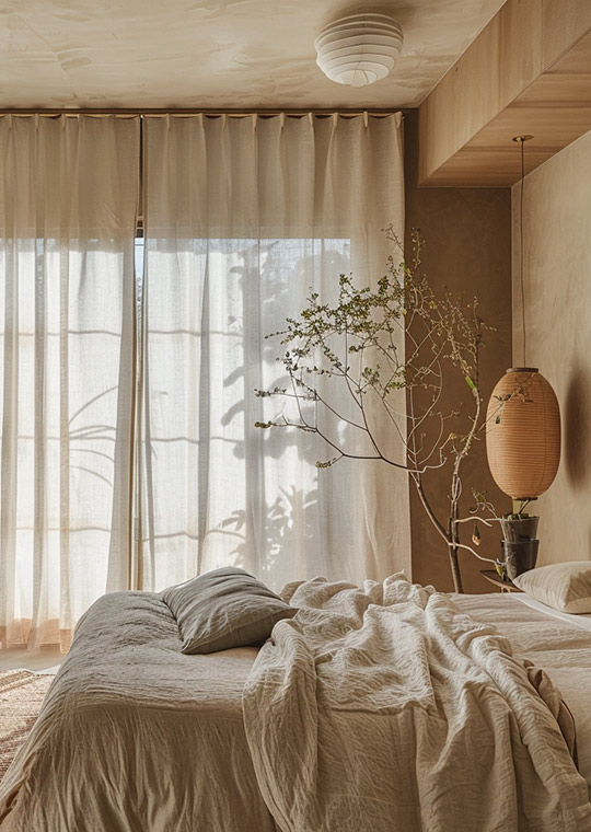 J. Reiko Design + Co. - Japandi Bedrooms - 05 Soft Japandi bedroom with linen bedding, sheer floor-to-ceiling drapery, warm wood millwork, paper lantern lighting, and delicate branch arrangement in natural light